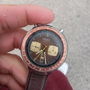 Seiko Brown Dial Chronograph Watch with Orange Bezel
